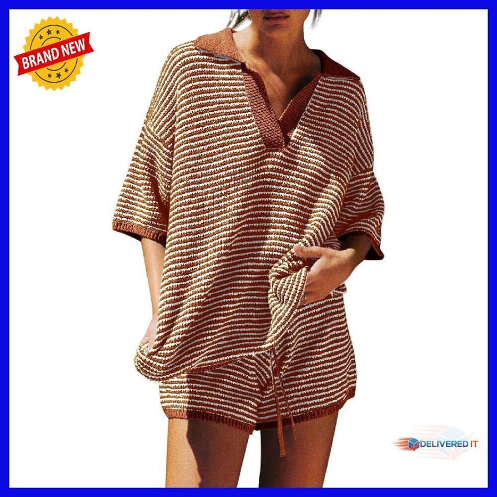 Oversized 3/4 Sleeve V-Neck Sweater Set with High Waisted Shorts